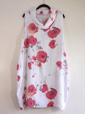 Puro Lino 100% Linen Red Floral Sleeveless Dress Made in Italy Sz Medium